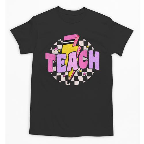 Retro Checkered Teach Pencil Lightning Back To School Unisex T-Shirt - Savourry