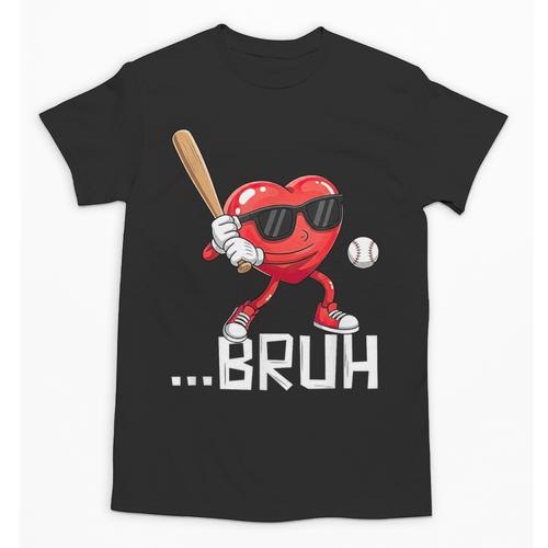Valentines Bruh Red Heart Playing Baseball Men Boys Kids Unisex T-Shirt - Sportilla