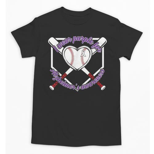 I Wear Purple For Alzheimers Awareness Baseball Heart Ribbon Unisex T-Shirt - Sportilla