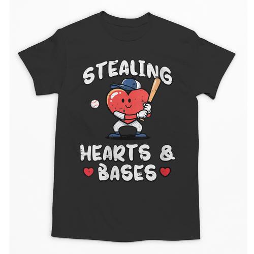 Women's Valentines Day Baseball Stealing Hearts Bases Boys Kids Men Unisex T-Shirt - Sportilla