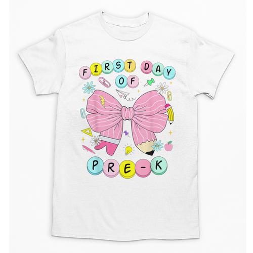 First Day Of Pre-K Girls Coquette Bow Back To School Kids Unisex T-Shirt - Savourry