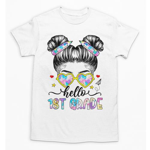Hello 1st Grade Messy Bun Girl Back To School First Day Unisex T-Shirt - Savourry