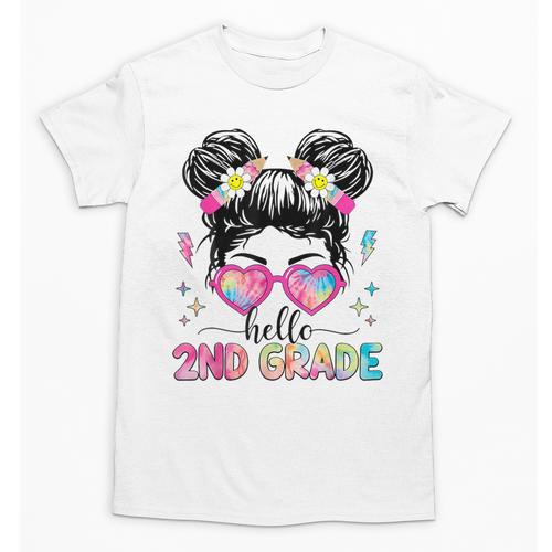 Hello 2nd Grade Messy Bun Back To School First Day Girl Kids Unisex T-Shirt - Savourry