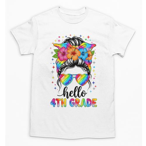 Hello 4th Grade Messy Bun Girls Back To School First Day Unisex T-Shirt - Savourry