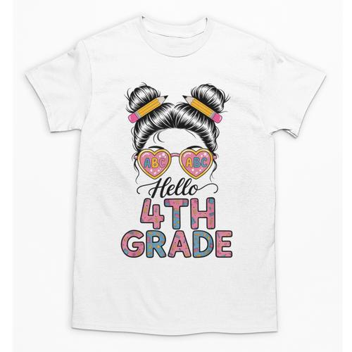 Hello 4th Grade Messy Bun Hair Back To School Girls Unisex T-Shirt - Savourry
