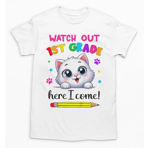 Kids Watch Out 1st Grade Here I Come Girls Cat Back To School Unisex T-Shirt - Savourry