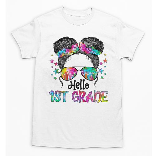 Messy Hair Bun Girl Back To School First Day Hello 1st Grade Unisex T-Shirt - Savourry