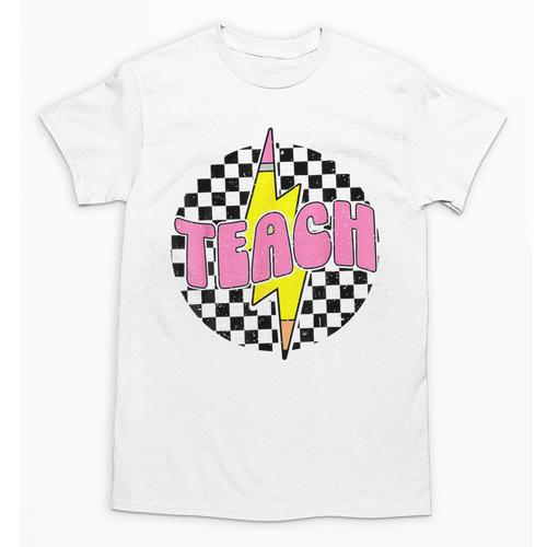 Women Checkered Teach Pencil Lightning Bolt Back To School Unisex T-Shirt - Savourry