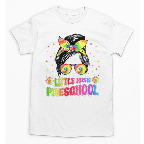 Women's Little Miss Preschool Messy Bun Tie Dye Back To School Girls Unisex T-Shirt - Savourry