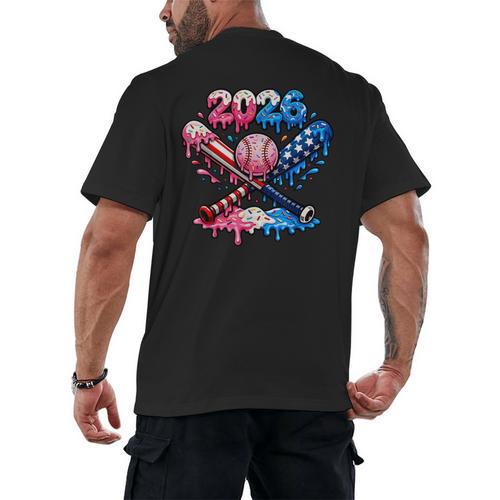 2026 American Flag Baseball Ice Cream Drip Bats Boys Men's Back Print T-Shirt - Sportilla