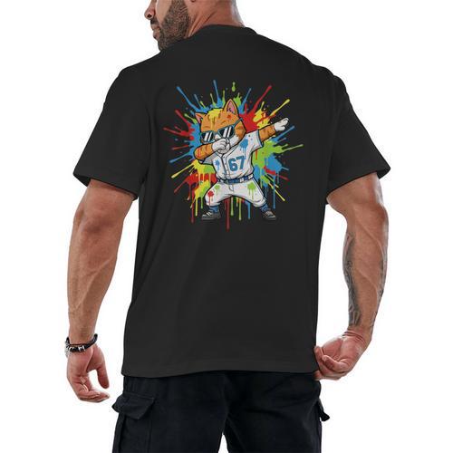 67 Baseball Dabbing Cat 6 7 Dripping Ice Cream Meme Men's Back Print T-Shirt - Sportilla