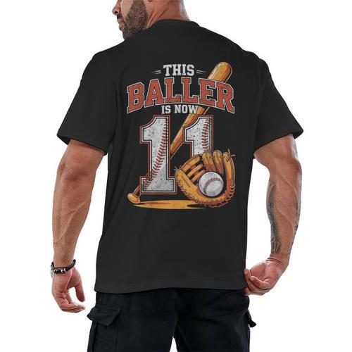 This Baller Is Now 11 Year Baseball Player 11th Birthday Boy Men's Back Print T-Shirt - Sportilla