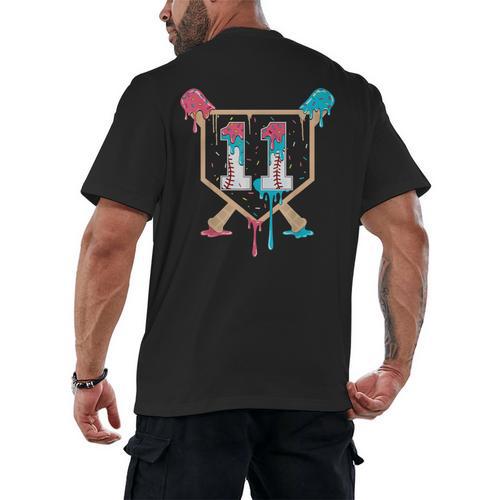 Baseball 11 Year Old Ice Cream Drip 11th Birthday Boy Player Men's Back Print T-Shirt - Sportilla