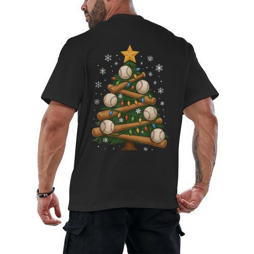 Baseball Bat Christmas Tree Lights Holiday Xmas Men's Back Print T-Shirt - Sportilla