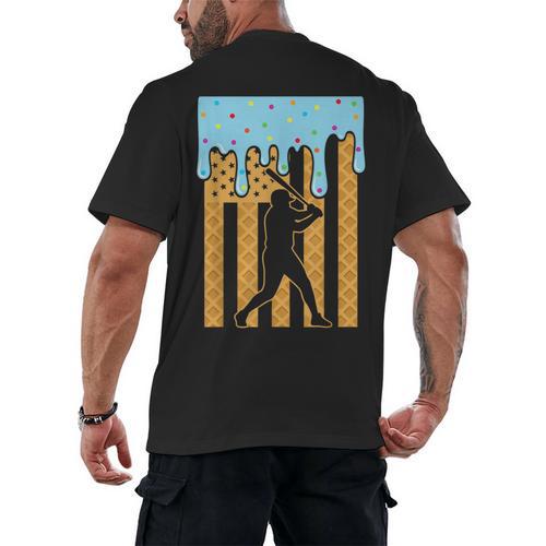 Baseball Drip Dripping Ice Cream Sport Player American Flag Men's Back Print T-Shirt - Sportilla