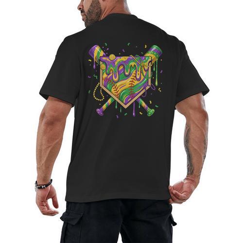 Baseball Mardi Gras Home Plate Ice Cream Drip Carnival Mask Men's Back Print T-Shirt - Sportilla
