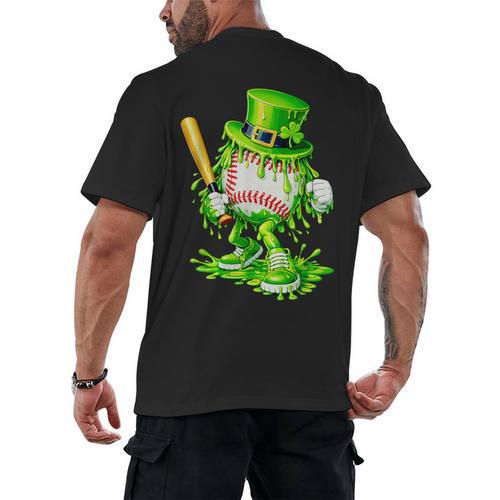 Baseball Player Ice Cream Drip Shamrocks St Patrick's Day Men's Back Print T-Shirt - Sportilla