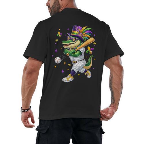 Baseball Player Mardi Gras Alligator Carnival Costume Beads Men's Back Print T-Shirt - Sportilla