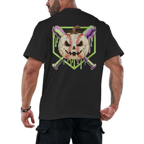 Baseball Pumpkin Halloween Baseball Drip Spooky Halloween Men's Back Print T-Shirt - Sportilla