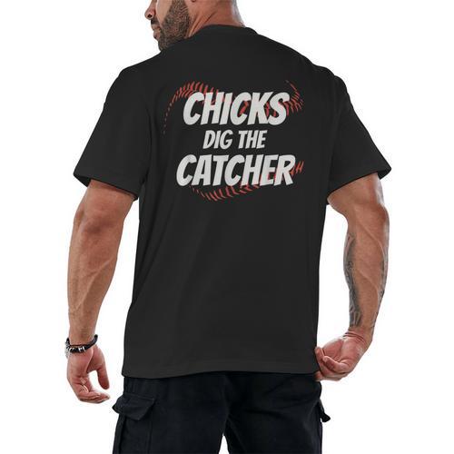 Baseball Seams Chicks Dig The Catcher Men's Back Print T-Shirt - Sportilla