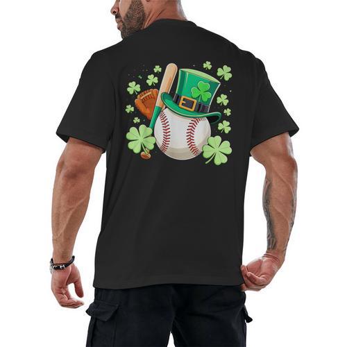 Baseball St Patricks Day Lucky Baseball Player Shamrock Men's Back Print T-Shirt - Sportilla