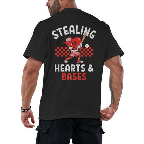 Boys Baseball Valentines Day Stealing Hearts Valentine Kids Men's Back Print T-Shirt - Sportilla