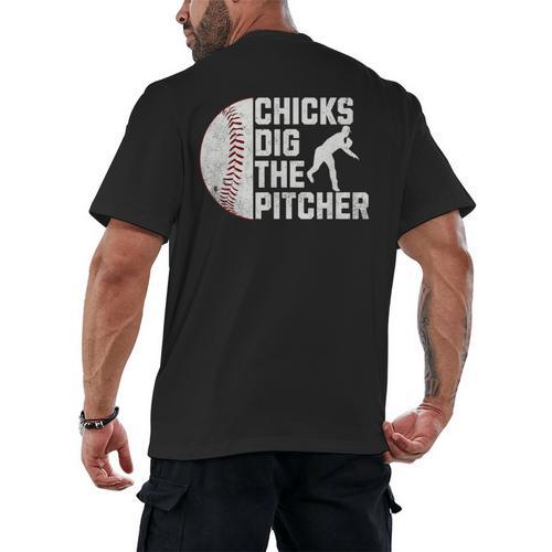 Chicks Dig The Pitcher Baseball Men's Back Print T-Shirt - Sportilla
