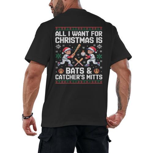 Christmas Baseball Bats Catcher Mitts Holiday Tee Men's Back Print T-Shirt - Sportilla