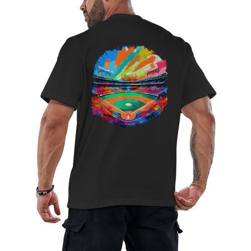 Colorful Baseball Field Home Run Baseball Player Fans Men's Back Print T-Shirt - Sportilla