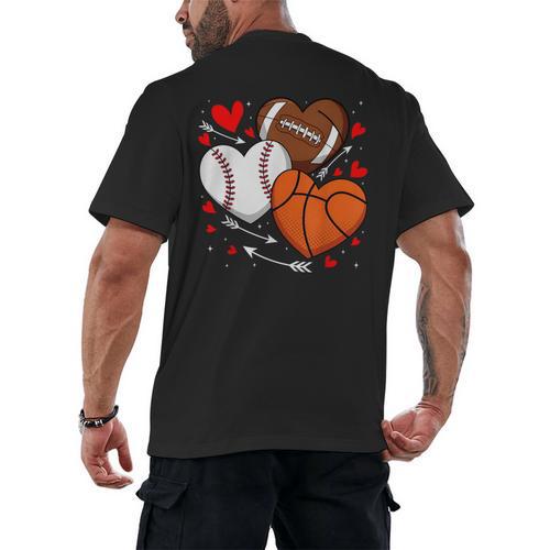 Cute Heart Baseball Basketball Football Valentine Boy Men Men's Back Print T-Shirt - Sportilla