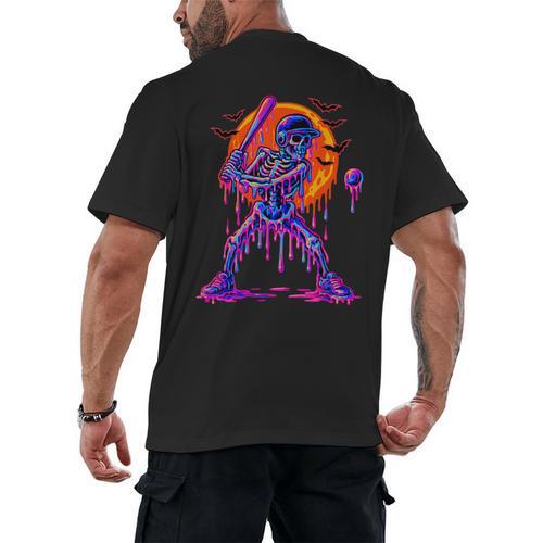 Drip Skeleton Batting Baseball Halloween Men's Back Print T-Shirt - Sportilla