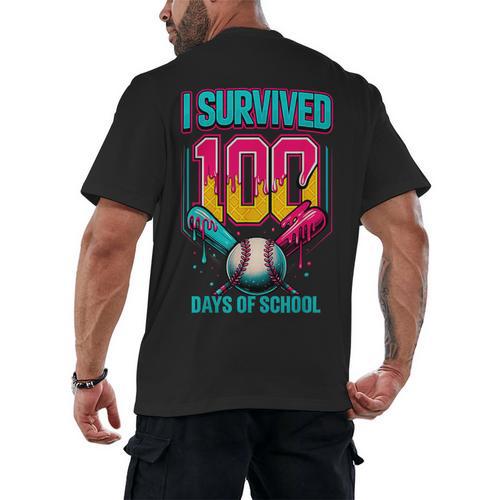 HUGvyn I Survived 100 Days Baseball Teacher Ice Cream Drip Men's Back Print T-Shirt - Sportilla