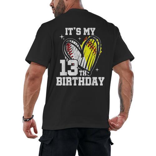 It's My 13th Birthday Baseball Softball Heart 13 Year Old Men's Back Print T-Shirt - Sportilla
