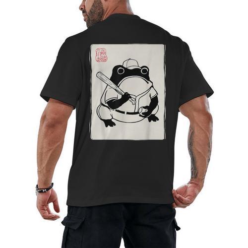 Japanese Grumpy Frog Baseball Player Baseball Men's Back Print T-Shirt - Sportilla