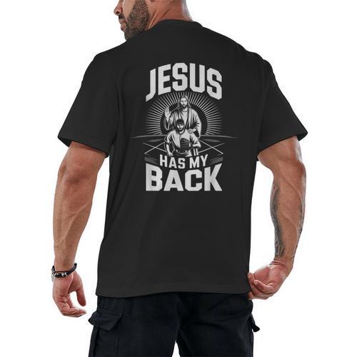 Jesus Has My Back Baseball Faith Motivation Tee Christian Men's Back Print T-Shirt - Sportilla