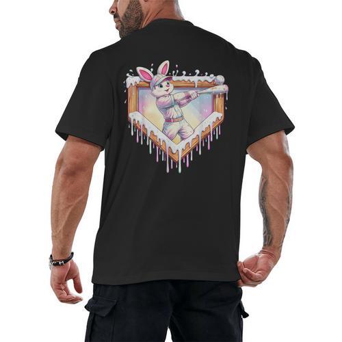 Kids Happy Easter Bunny Playing Baseball Boy Ice Cream Drip Men's Back Print T-Shirt - Sportilla