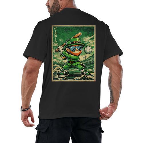Leprechaun Playing Baseball Japanese Art St Patricks Day Men's Back Print T-Shirt - Sportilla