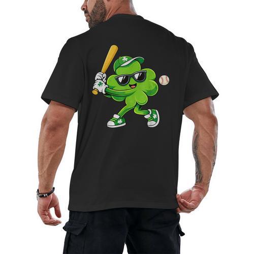 Lucky Shamrock Playing Baseball St Patrick's Kids Boys Men's Back Print T-Shirt - Sportilla