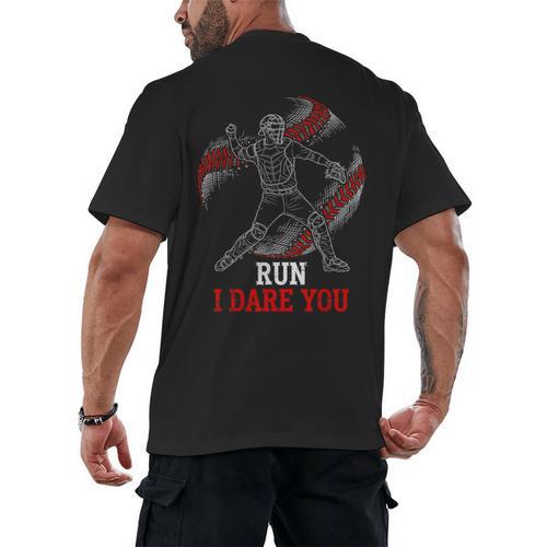 Run I Dare You Baseball Catcher Graphic Players Fans Men's Back Print T-Shirt - Sportilla