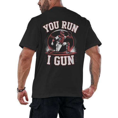 You Run I Gun Baseball Catcher Softball Player Men's Back Print T-Shirt - Sportilla