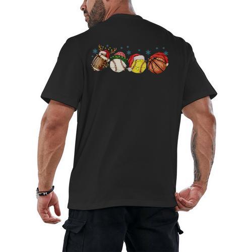 Santa Sports Boys Xmas Baseball Football Softball Basketball Men's Back Print T-Shirt - Sportilla