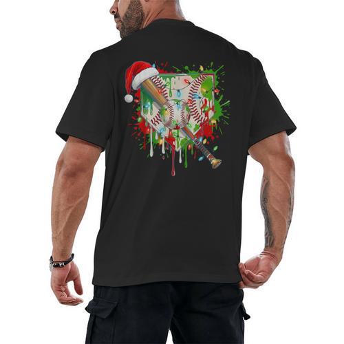 Santa Sports Ice Baseball Christmas Xmas Pajama Kid Men Boys Men's Back Print T-Shirt - Sportilla