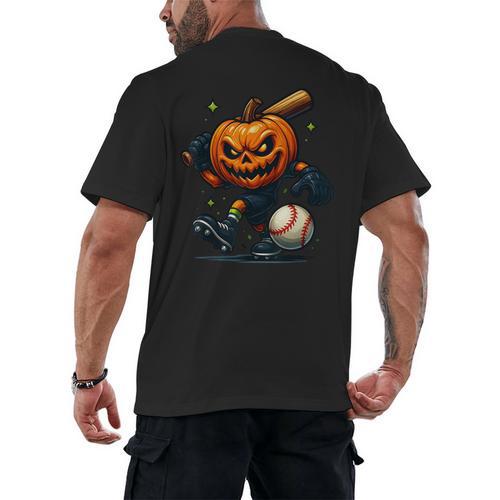 Spooky Halloween Scary Pumpkin Baseball Player Witchy Vibes Men's Back Print T-Shirt - Sportilla