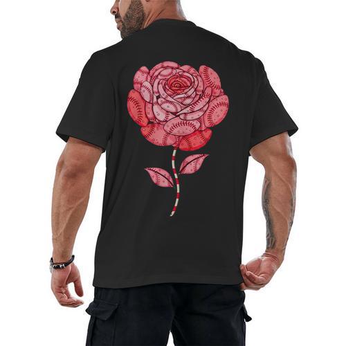 Sporty Rose Graphic With Baseball And Rugby Ball Petals Men's Back Print T-Shirt - Sportilla
