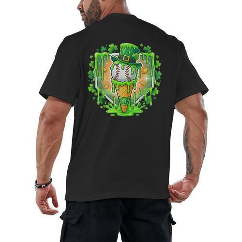 St Patrick Day Baseball Drip Ice Cream Baseball Home Plate Men's Back Print T-Shirt - Sportilla