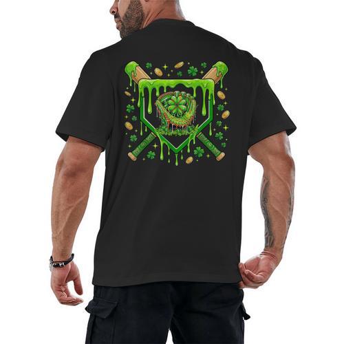 St Patricks Day Baseball Ice Cream Shamrock Baseball Player Men's Back Print T-Shirt - Sportilla