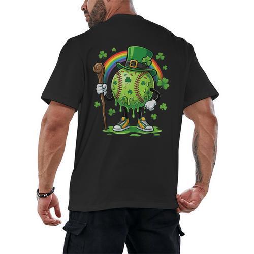St Patricks Day Baseball Leprechaun Rainbow Green Baseball Men's Back Print T-Shirt - Sportilla