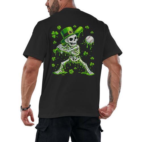 St Patricks Day Baseball Skeleton Irish Leprechaun Hat Boys Men's Back Print T-Shirt - Sportilla