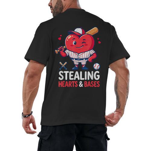 Stealing Hearts And Bases Baseball Player Valentine's Day Men's Back Print T-Shirt - Sportilla
