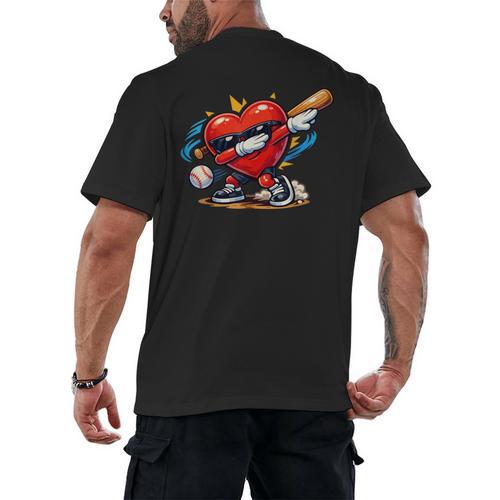 Valentines Day Baseball Dabbing Red Heart Love Boys Men's Back Print T-Shirt - Sportilla